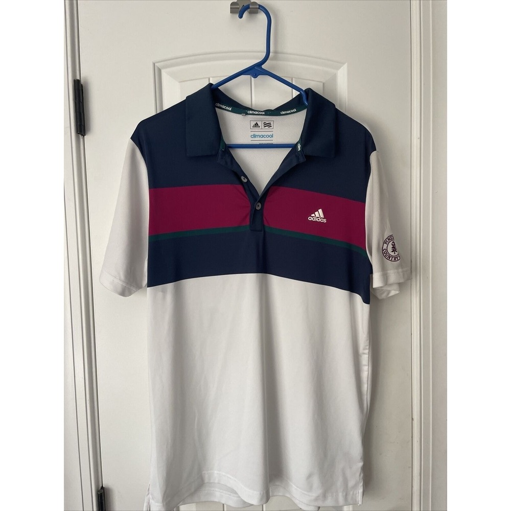 Adidas Men's medium golf tennis Shirt White Blue Red Pinewood Country Club